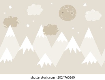 Vector children hand drawn color mountain illustration in scandinavian style. Mountain landscape, clouds and cute moon. Kids wallpaper. Mountainscape, baby room design, wall decor.