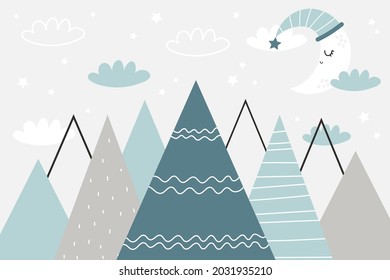 Vector Children Hand Drawn Color Mountain Illustration In Scandinavian Style. Mountain Landscape, Clouds And Cute Moon. Kids Wallpaper. Mountainscape, Baby Room Design, Wall Decor.