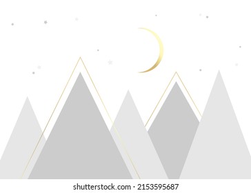 Vector children hand drawn color mountain illustration in scandinavian style. Mountain landscape, clouds and cute moon. Kids wallpaper. Mountainscape, baby room design, wall decor.