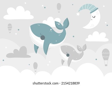 Vector children hand drawn color cute whale in the sky, air balloons, clouds and moon illustration in scandinavian style. Kids wallpaper design. Baby room design, wall decor. 