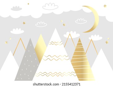 Vector children hand drawn color mountain illustration in scandinavian style. Mountain landscape, clouds and cute moon. Kids wallpaper. Mountainscape, baby room design, wall decor.