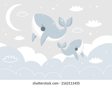 Vector children hand drawn color cute whale in the sky, clouds and moon illustration in scandinavian style. Kids wallpaper design. Baby room design, wall decor. 