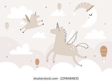 Vector children hand drawn color cute unicorns in the sky, air balloons, clouds and moon illustration in scandinavian style. Horse. Kids wallpaper design. Baby room design, wall decor, mural.