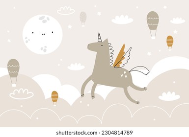 Vector children hand drawn color cute unicorn in the sky, air balloons, clouds and moon illustration in scandinavian style. Kids wallpaper design. Baby room design, wall decor. 