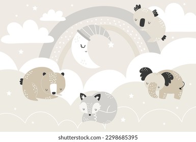 Vector children hand drawn cute animals sleeping on clouds and rainbows. Bear, koala, elephant, fox. Illustration in scandinavian style. Kids wallpaper design. Baby room design, wall decor, mural.