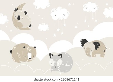 Vector children hand drawn cute animals sleeping on clouds and moon. Bear, koala, elephant, fox. Illustration in scandinavian style. Kids wallpaper design. Baby room design, wall decor, mural.