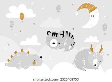 Vector children hand drawn cute animals sleeping on clouds, air balloons and moon. Deer, tiger, dino. Illustration in scandinavian style. Kids wallpaper design. Baby room design, wall decor, mural.