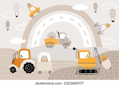 Vector children hand drawn cute construction cars, mountain landscape, balloons and clouds. Boho trendy design. Scandinavian. Illustration. Kids wallpaper design. Baby room design, wall decor, mural.