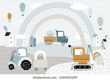 Vektorkinder handgezeichnet süße Bauwagen, Berglandschaft, Ballons und Wolken. Boho trendiges Design. Skandinavier. Illustration. Kinder Tapete Design. Babyausstattung, Wanddekor, Wandgemälde.