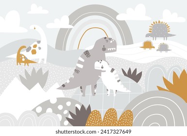 Niños vectores dibujaron a mano lindos dinosaurios e ilustración del arcoiris al estilo escandinavo. Paisaje montañoso, nubes. Papel de pared tropical para niños. Paisaje montañoso, diseño de habitaciones para niños, decoración de pared.