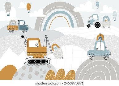 Vector niños dibujados a mano bonitos coches de construcción, paisaje montañoso, globos y nubes. Boho diseño de moda. Escandinavo. Ilustración. Diseño de Fondo de pantalla para niños. Diseño de habitación de bebé, decoración de pared, mural.