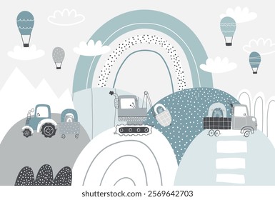 Vector children hand drawn cute construction cars, mountain landscape, balloons and clouds. Boho trendy design. Scandinavian. Illustration. Kids wallpaper design. Baby room design, wall decor, mural.