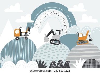 Vector children hand drawn cute construction cars, mountain landscape, rainbow and clouds. Boho trendy design. Scandinavian. Illustration. Kids wallpaper design. Baby room design, wall decor, mural.