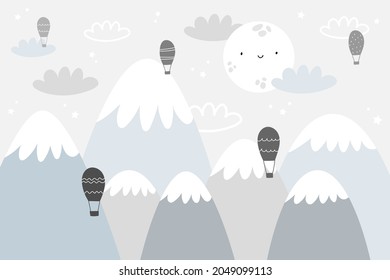 Vector children hand drawn doodle mountain illustration in scandinavian style. Mountain landscape, clouds, air balloons and cute moon. Kids wallpaper. Mountainscape, baby room design, wall decor.