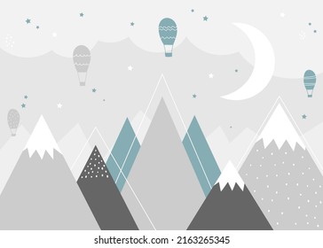 Vector children hand drawn doodle mountain illustration in scandinavian style. Mountain landscape, clouds, air balloons and cute moon. Kids wallpaper. Mountainscape, baby room design, wall decor.