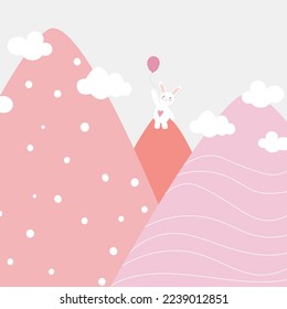 Vector children hand drawn doodle mountain illustration in scandinavian style. Mountain landscape, clouds, air balloons and cute moon. Kids wallpaper. Mountainscape, baby room design, wall decor.