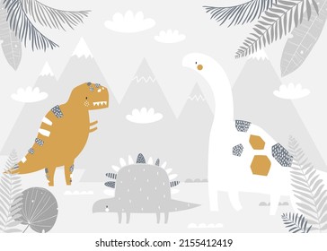 Vector children hand drawn mountain and cute dinosaurs illustration in scandinavian style. Mountain landscape, clouds. Children's tropical wallpaper. Mountainscape, children's room design, wall decor.