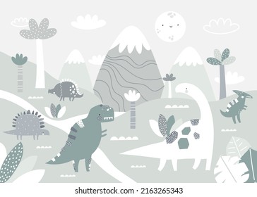 Niños vectores dibujaron a mano la montaña y la linda ilustración de dinosaurios al estilo escandinavo. Paisaje montañoso, nubes. Papel de pared tropical para niños. Paisaje montañoso, diseño de habitaciones para niños, decoración de pared.