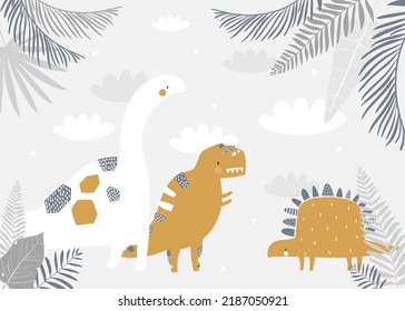 Vector children hand drawn mountain and cute dinosaurs illustration in scandinavian style. Mountain landscape, clouds. Children's tropical wallpaper. Mountainscape, children's room design, wall decor.