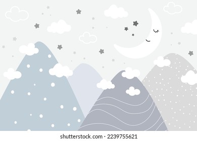 Vector children hand drawn mountain and cute moon illustration in scandinavian style. Mountain landscape, clouds. Children's wallpaper. Mountainscape, children's room design, wall decor, nursery.