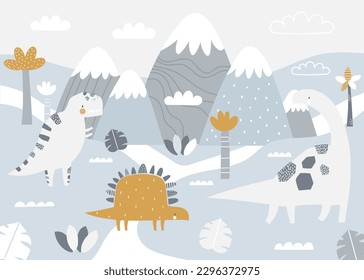 Vector children hand drawn mountain and cute dinosaurs illustration in scandinavian style. Mountain landscape, clouds. Children's tropical wallpaper. Mountainscape, children's room design, wall decor.