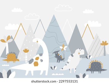 Vektorkinder handgezeichnet Berg-und süße Dinosaurier-Illustration im skandinavischen Stil. Berglandschaft, Wolken. tropische Tapete für Kinder. Bergbild, Kinderzimmer-Design, Wanddekor.