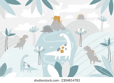 Vector children hand drawn mountain and cute dinosaurs illustration in scandinavian style. Mountain landscape, clouds. Children's tropical wallpaper. Mountainscape, children's room design, wall decor.