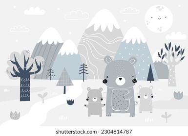 Vector children hand drawn mountain and cute bears illustration in scandinavian style. Mountain landscape, clouds. Children's forest wallpaper. Mountainscape, children's room design, wall decor. svg