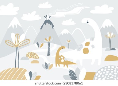 Vector children hand drawn mountain and cute dinosaurs illustration in scandinavian style. Mountain landscape, clouds. Children's tropical wallpaper. Mountainscape, children's room design, wall decor.