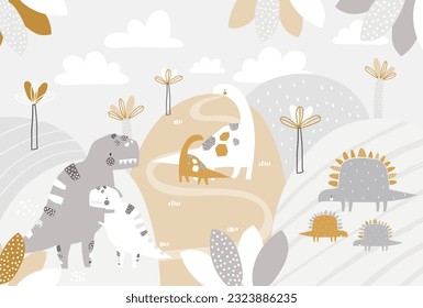 Vector children hand drawn mountain and cute dinosaurs illustration in scandinavian style. Mountain landscape, clouds. Children's tropical wallpaper. Mountainscape, children's room design, wall decor.