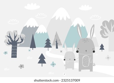 Vector children hand drawn mountain and cute bunny illustration in scandinavian style. Mountain landscape, clouds. Children's forest wallpaper. Mountainscape, children's room design, wall decor.