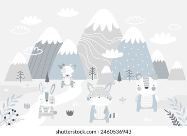 Vector niños dibujado a mano montaña y lindo bosque animales ilustración. Ciervos, osos, zorros, conejitos. Paisaje de montaña. Fondo de pantalla forestal infantil. Paisaje montañoso, diseño de habitaciones para niños, decoración de la pared.