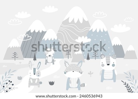 Vector children hand drawn mountain and cute forest animals illustration. Deer, bear, fox, bunny. Mountain landscape. Children's forest wallpaper. Mountainscape, children's room design, wall decor.