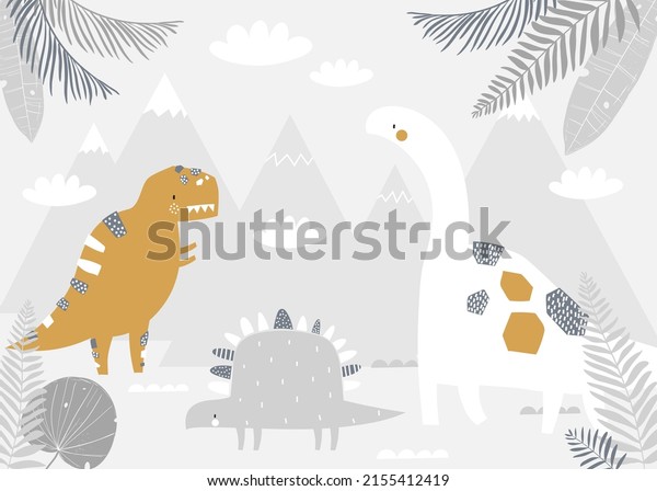 Vector children hand drawn mountain and cute dinosaurs illustration in scandinavian style. Mountain landscape, clouds. Children's tropical wallpaper. Mountain-scape, children's room design, wall décor.