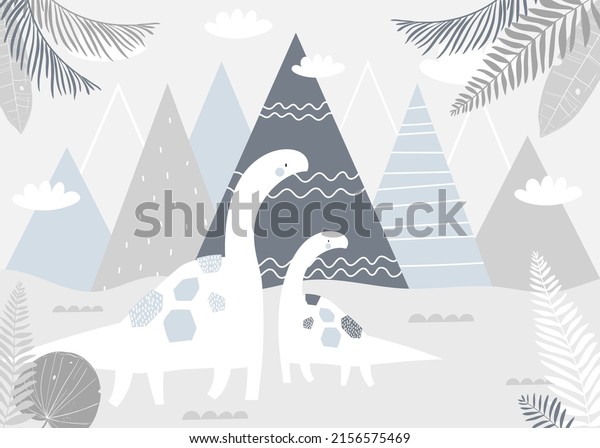 Vector children hand drawn mountain and cute dinosaurs illustration in scandinavian style. Mountain landscape, clouds. Children's tropical wallpaper. Mountain-scape, children's room design, wall décor.