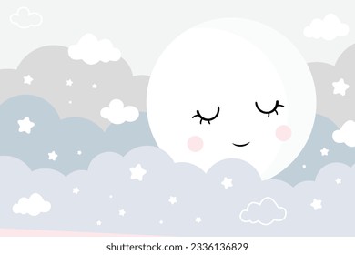 Niños vectoriales dibujados a mano en luna dormida e ilustración de nubes al estilo escandinavo. Estrellas y nubes. Papel tapiz infantil. Dormitorio Baby Boy, diseño de habitación infantil, decoración de pared, vivero.