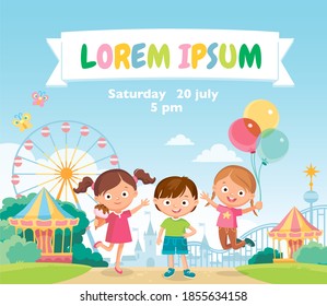 Vector children having fun in amusement park, have leisure, eating ice-cream, jumping.