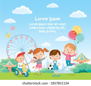 Vector children having fun in amusement park, have leisure, eating ice-cream, jumping.