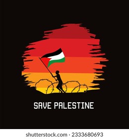 vector of children hold palestine flag in sunset , save palestine children campaign 