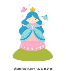 Vector children illustration of beautiful princess with birds. Cute fairytale character in flat style.