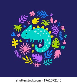 ilustración infantil vectorial, iguana linda en un círculo hecho de flores, arte gracioso para niños