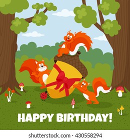 vector children illustration of cute squirrels in the forest, holding an acorn as a present, template of a birthday greeting card