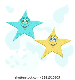 Vector children illustration with cute yellow and blue star on white background.Template for social media posts, stories, banners for kids, books, apps, covers, wallpapers, stickers, business cards