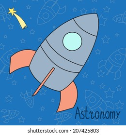 Vector children illustration with rocket and stars