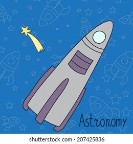 Vector children illustration with rocket and stars