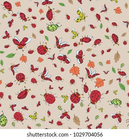 vector children illustration seamless pattern of ladybugs and leaves brown background