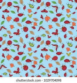 vector children illustration seamless pattern of ladybugs and leaves blue background