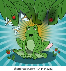 vector children illustration of a small frog sitting on a water Lily among the raspberry among the foliage 10