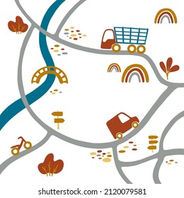 Vector children map with animals, road, houses. Cartoon Forest Animals. Path in the forest. Game for children. Children's play mat.