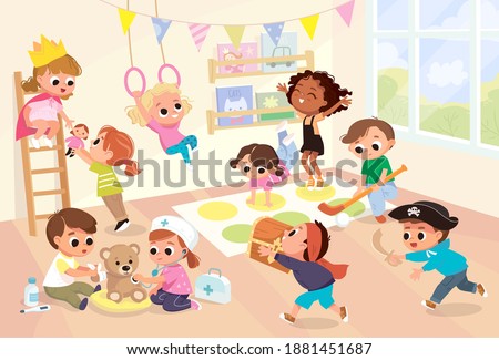 Vector children play together in kinder garden.Kids doing pirates role play.Preschool kids have fun.Girls play twister game.Children examining teddy bear with stethoscope.Boy with hockey stick